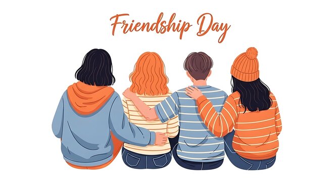 Friendship day illustration diverse group of friends with arms around each other