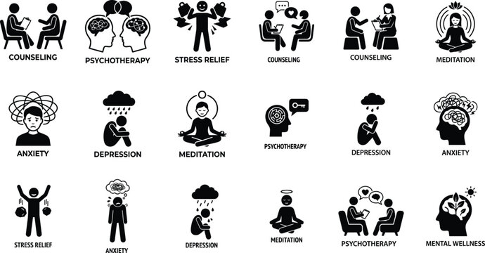 Mental health and therapy session icon set featuring counseling, psychotherapy, stress relief, anxiety, depression, meditation, emotional support, and wellness psychology symbols.