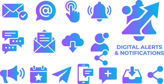 Digital alerts and notifications icons set, representing email message cloud phone alerts, vector graphics.