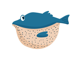 Cute cartoon vector illustration of a blue puffer fish with a speckled beige belly. Marine character isolated on white background. © Marina