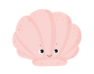 Cute cartoon vector illustration of a pink bivalve clam seashell. Friendly marine mollusk character isolated on white background. © Marina