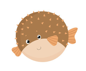 Cute cartoon vector illustration of a round brown porcupinefish. Funny spiky puffer fish character isolated on white background. © Marina