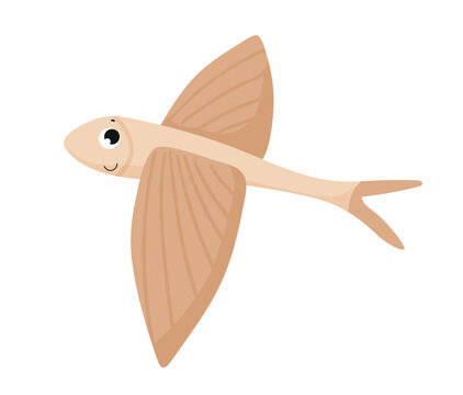 Cute cartoon vector illustration of a beige flying fish with winglike fins. Funny marine character isolated on white background.