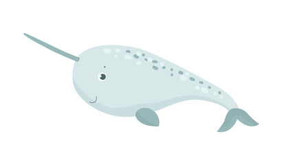 Cute cartoon vector illustration of a light grey narwhal whale with a long tusk. Arctic marine character isolated on white background. © Marina