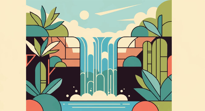 Stylized waterfall scene with lush vegetation and geometric design
