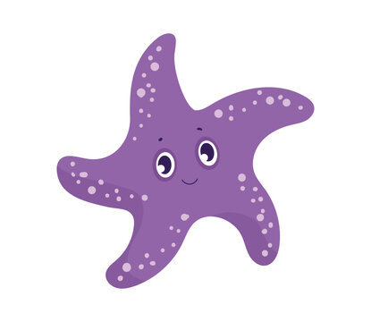 Cute cartoon vector illustration of a purple starfish. Funny marine echinoderm character isolated on white background.