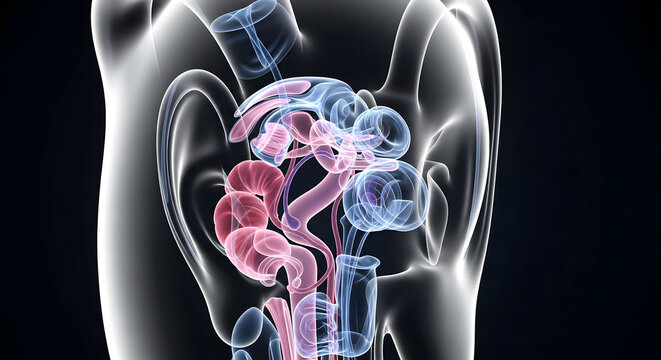 3d render of transparent male urinary system with internal organs and bladder.