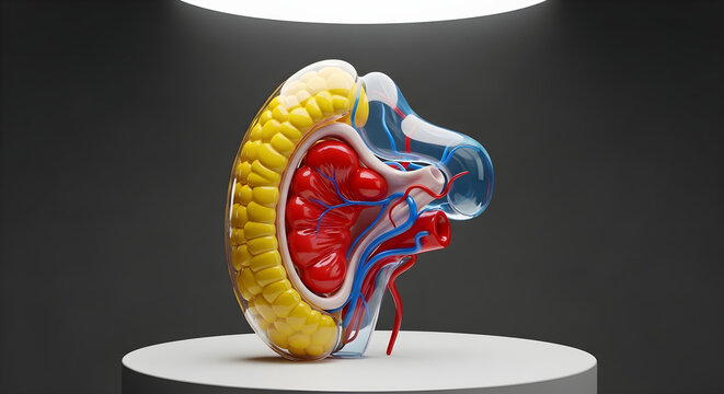 3d transparent model of kidney showing internal structure with blood vessels and fat.