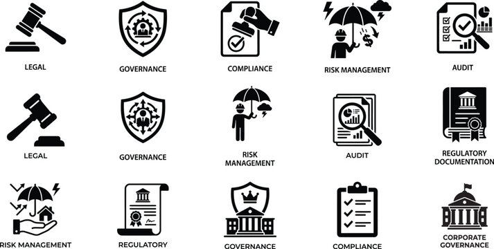 Law, Governance, and Compliance icon set. Perfect for legal, audit, risk management, and regulatory documentation design.