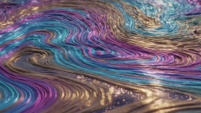 An ethereal, swirling vortex of iridescent pigments and metallic liquid art forms captivating patterns reminiscent of cosmic nebulae and vibrant, flowing oil slick phenomena, creating a visually