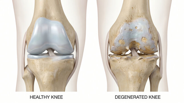 Knee osteoarthritis and cartilage degeneration medical anatomical comparison