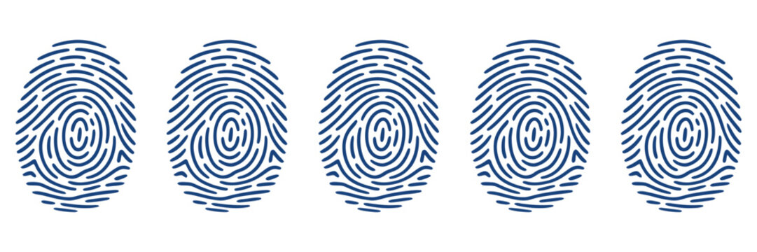 Fingerprint Biometric Identification Thumbprint Set Forensic Security Identity Patterns Isolated Security Symbols, Blue Minimalist Fingerprint Icon Design for Authentication Systems, Access