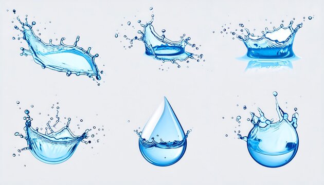 Several dynamic renderings of water's interaction with air, exhibiting droplets, splashes, and complex crowns against a neutral backdrop