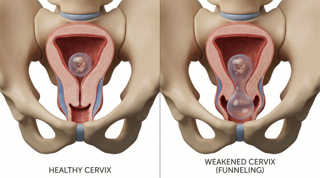 Cervical insufficiency weakening and funneling anatomy comparison in pregnancy