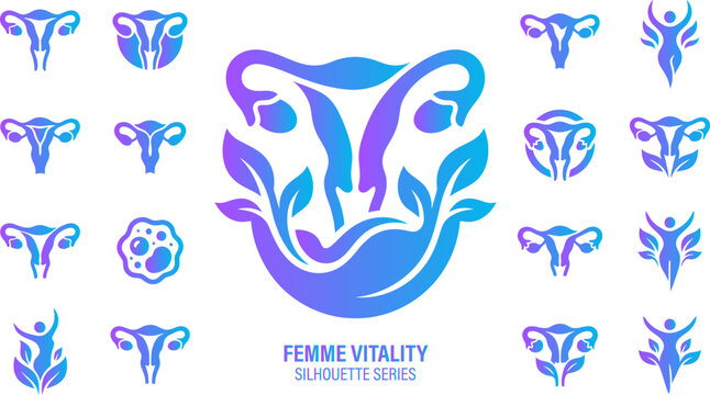 Femme vitality silhouette series set with uterus and leaf symbols and uterus icons.