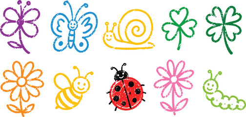 Colorful Crayon Style Nature Doodles with Insects and Flowers © AbuHuraira