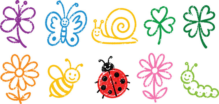 Colorful Crayon Style Nature Doodles with Insects and Flowers