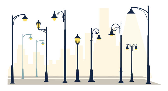 A collection of classic and ornate street lamps and lampposts lined up on a city sidewalk with a skyline silhouette. Urban vintage lighting and city design.