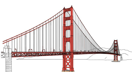 Fototapeta premium A detailed architectural line drawing of the iconic Golden Gate Bridge in San Francisco, showcasing its famous red-orange towers and suspension cables.