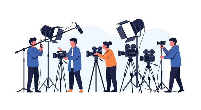 A professional film crew with cameras, lighting equipment, and microphones working together on a movie set, representing the filmmaking and cinema industry.