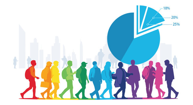Infographic concept with a colorful crowd of people walking in front of a city silhouette and a large pie chart showing demographic data.
