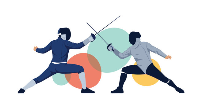 Two fencers in full protective gear engaged in a dynamic duel with foils, lunging and parrying against a background of colorful abstract circles.