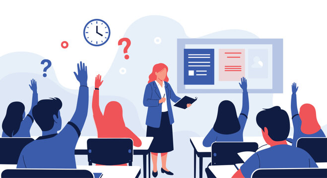 A diverse classroom of engaged university students raising their hands to ask questions during a lecture with a female professor and a presentation screen.