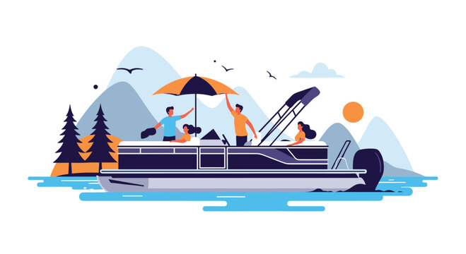 A group of happy friends enjoying a summer day on a pontoon boat, relaxing and having fun on a lake with mountains in the background.