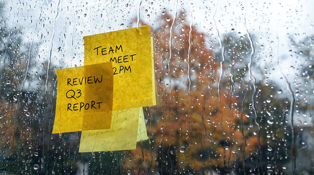 team meeting and review q3 report handwritten text on yellow sticky notes stuck on wet glass window pane on a rainy day, business reminder, workspace