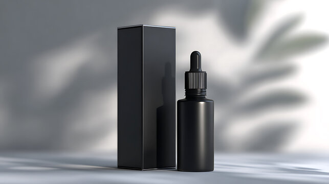 Minimalist black dropper bottle and rectangular box for cosmetic or essential oil product with natural plant shadow backdrop