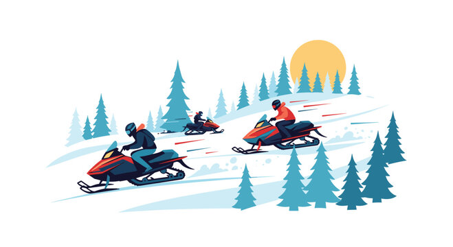 Three people riding snowmobiles through a snowy, pine-covered landscape during a sunny winter day, enjoying an adventurous outdoor activity.