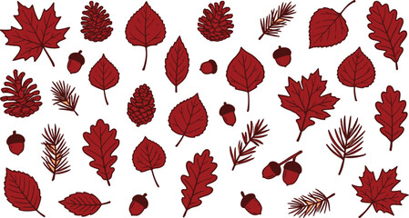Collection of red autumn leaves and pine needles, nobody, on orange background, illustration © jannat Stock