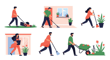Fototapeta premium Collection of illustrations showing men and women engaged in various household chores like gardening, cleaning, and yard work.
