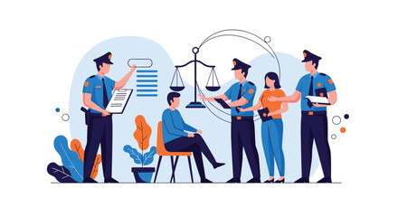 Fototapeta premium Police officers conducting an investigation and interrogating a suspect, with the scales of justice symbolizing law and order.