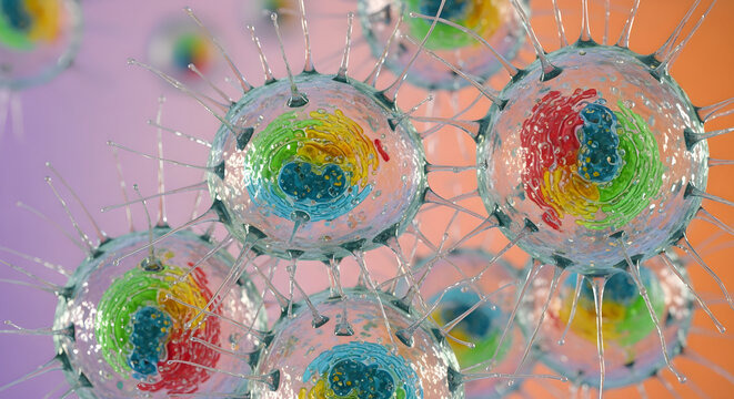 Close up view of microscopic human cells with colorful organelles under scientific light.