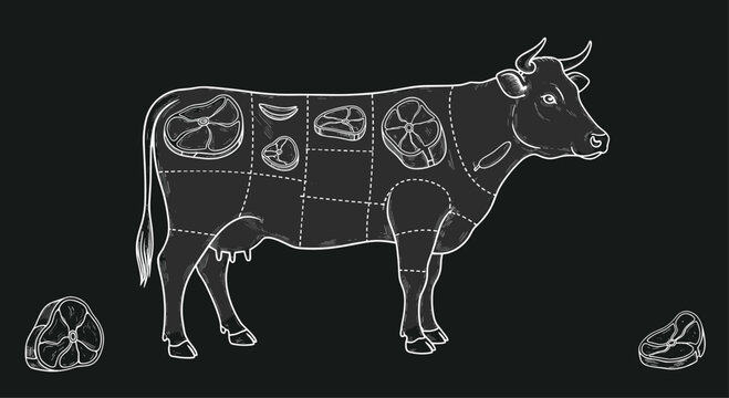 Chalkboard illustration of a butcher's guide, showing the different cuts of beef on a cow diagram for a steakhouse menu.