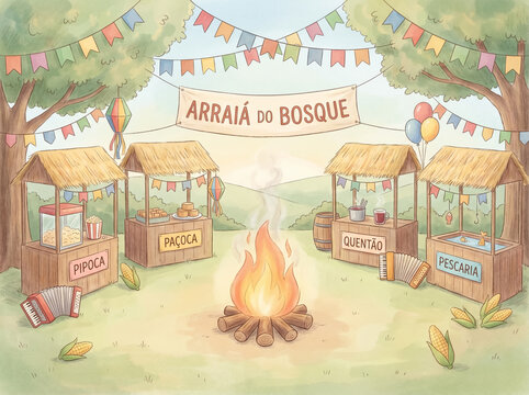 Vibrant Illustration of Market Stalls Around Festive Bonfire