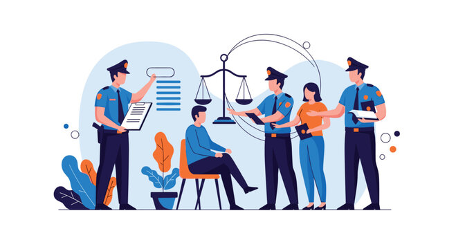 Police officers conducting an investigation and interrogating a suspect, with the scales of justice symbolizing law and order.
