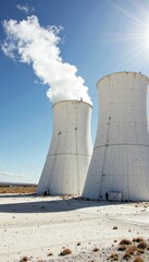Obraz premium Towering Industrial Cooling Towers with Steam Against Clear Blue Sky