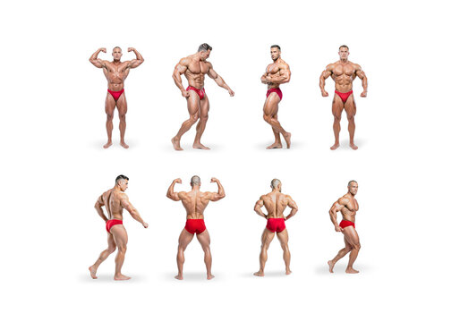 Bodybuilder poses man set, ai generated. Collection of male bodybuilding pose demonstrating professional and fitness competition presentation. Athletic person showing front, side and back muscle.