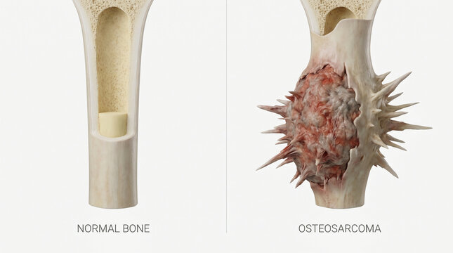Normal Bone Cross Section vs Malignant Osteosarcoma Tumor