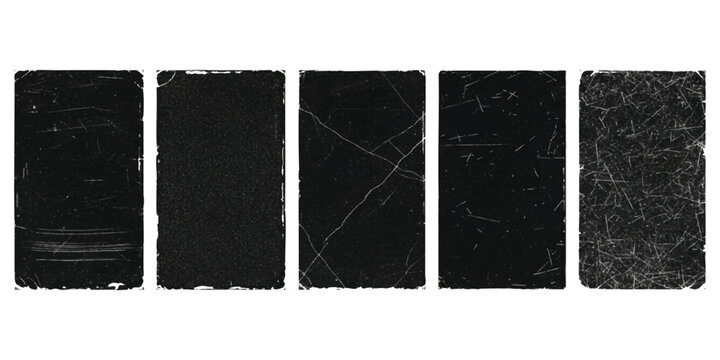 Five rectangular black frames with distressed grunge texture and rough worn edges