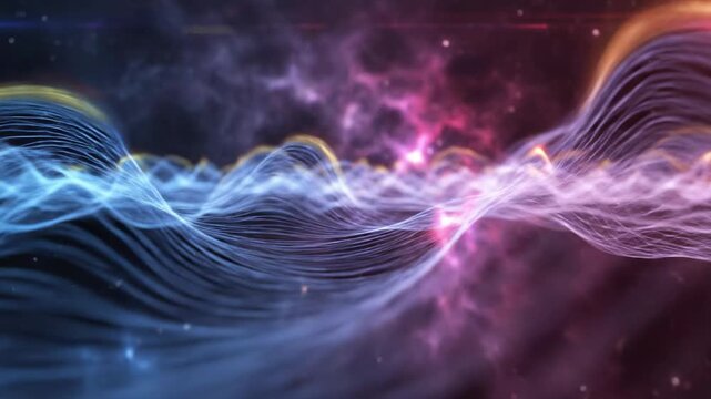 Vibrant cosmic nebula with flowing ethereal light waves in contrasting dynamic blue and purple hues suggests the vastness of the universe and the interconnectedness of celestial energies