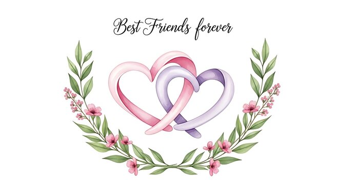 Watercolor intertwined hearts with floral wreath best friends forever