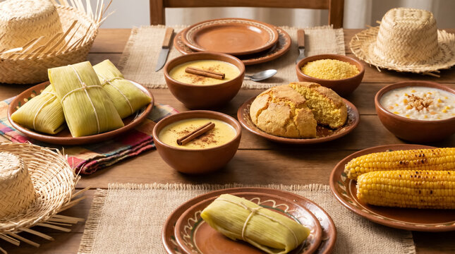 Rustic Wooden Table Filled with Traditional Corn Delicacies