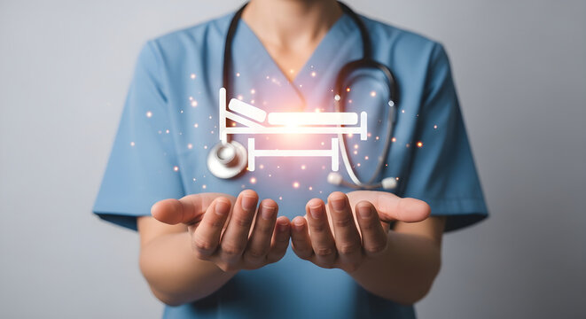 Doctor holding glowing hospital bed icon symbol for medical service and healthcare support.