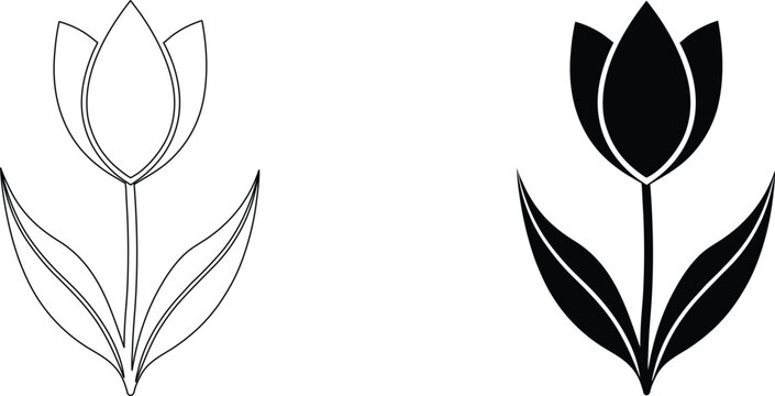 Black outline and silhouette tulip flower icon design element set isolated on transparent background.
