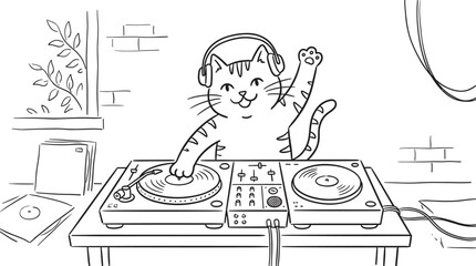Cat DJ spinning records with headphones on, in a room © jannat Stock