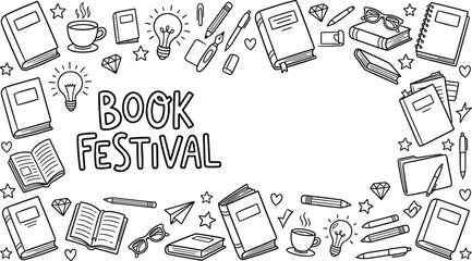 Book festival illustration with books, stationery and devices © jannat Stock