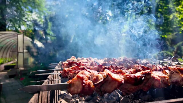 Close up of juicy meat skewers grilling on charcoal brazier with smoke and glowing coals in sunny outdoor backyard